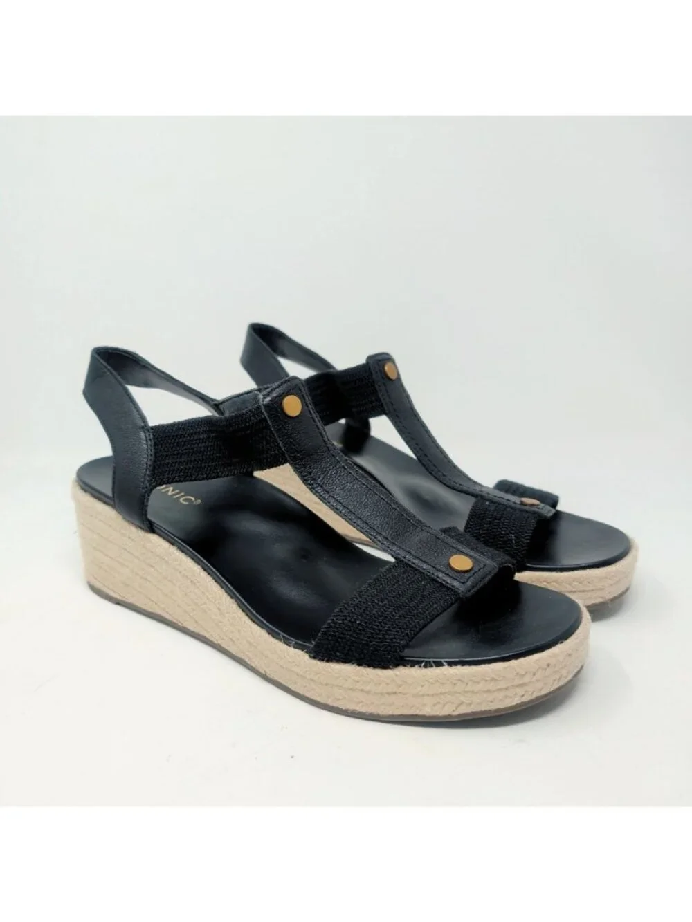 Vionic Espadrilles 12 Black Leather Wedge Platform Calera
